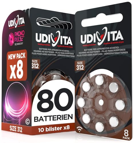 80 Piles Auditives Taille 312 Udivita PR41 (Marron) Technologie Phono Pulse - 10 Blisters de 8 Piles