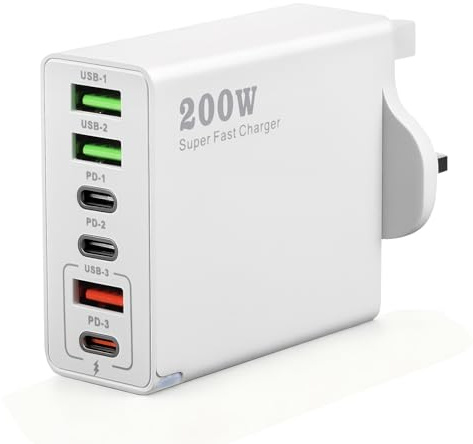 200W USB C Plug, 6-Port Fast Charger Plug, USB to C Multi Charger Block | Multi Charger Block with PD Agreement, USB C Hub for MacBook iPhone iPad Galaxy, PD Fast Charging, 200W Adapter, White