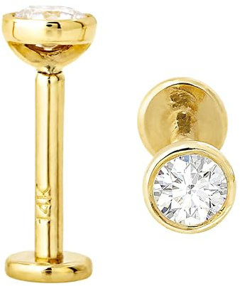 Jewelry Avalanche 14K Yellow Gold Diamond Labret Stud, Bezel Set 3mm (0.10ctw) Natural Diamond, Monroe Stud, Lip Ring, Tragus Stud, 8mm Post, Internally Threaded 14KLBRT-BZ30WD8YG