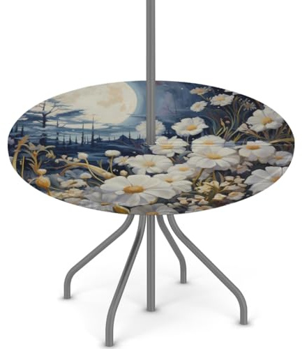 Dusviba Mantel redondo con diseño de flor de luna con agujero para paraguas y cremallera, borde elástico ajustable, impermeable, de poliéster, para exteriores, patio, picnic, barbacoa, jardín, camping