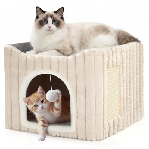 Avont 3-in-1 Cat Cave Bed for Indoor Cats with Scratch Pad | Hanging Ball Toy | Sturdy MDF | Holds 9 KG | Washable Cushion | Foldable | Grey/Cream