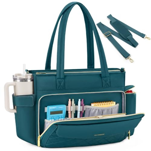 RAINSMORE Sac Ordinateur Femme Sac de Travail 15.6 Pouces, Vert foncé | Sac de Professeur avec Poche Grand Porte-Gobelet, Imperméable, pour Bureau Université