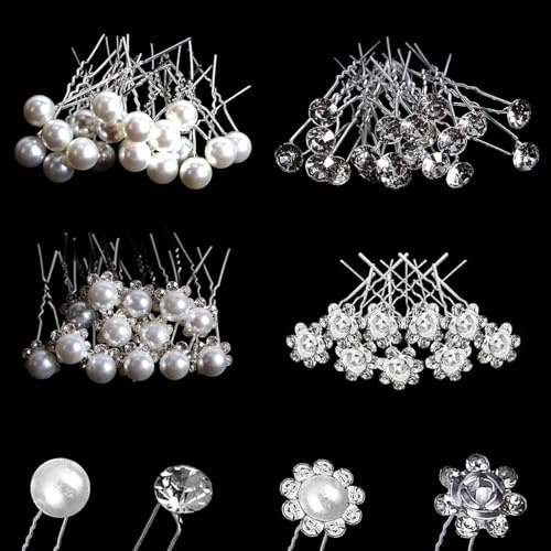 Kemay 40 Pcs Pearl Hair Pins Silver Diamante Wedding Hair Accessories for Women Girls, Bridal Crystal Sparkly Hair Clips Bobby Pins for Bridesmaids Prom