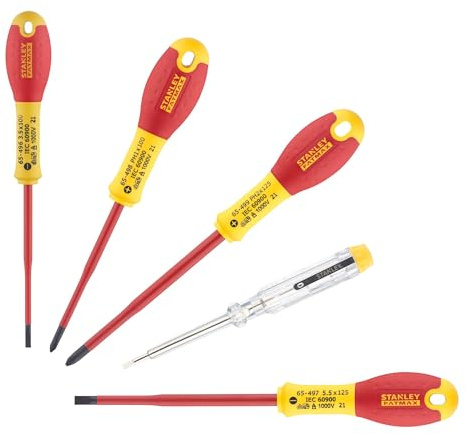 STANLEY XTHT0-62692 - Juego 5 destornilladores FatMax VDE con punta reducida. Electricista 3.5x75mm, 5.5x150mm; Ph1x100mm, Ph2x125mm, Test de voltaje