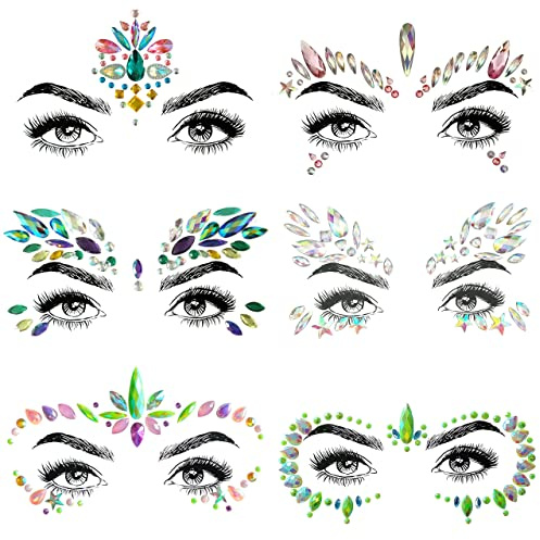SHINEYES 6 Pcs Gesicht Körper Augen Temporäre Tattoos Gesicht Juwelen Aufkleber Glitter, Hergestellt aus Edelsteinen Rhinstone Kristalle für Rave Karneval Maskerade Musik Geburtstagsfeier Festival