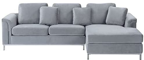4-Sitzer Ecksofa Samt grau mit Chaiselongue links silberne Edelstahlfüße Oslo