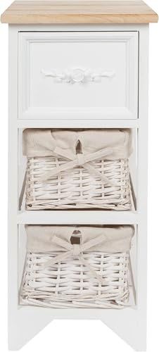 elbmöbel Nachtschrank Weiß - Holzregal mit Rattan-Körben & Schublade | Schmaler Beistelltisch im Landhausstil für Bad & Flur, 62x26x32 cm, fertig montierter Telefontisch mit 2 Körben
