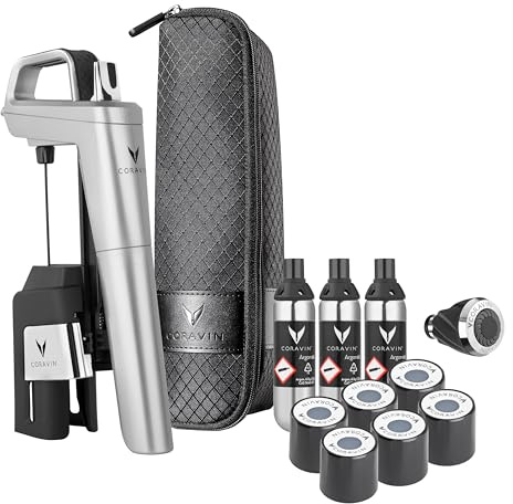 Coravin Timeless Six Plus Wine Preservation System - by-The-Glass Wine Saver - Wine Aerator, 3 Pure Argon Capsules, 6 Screw Caps, Clearing Needle & Carry Case - Silver