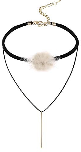 Gualiy Tattoo-Halskette Samt Doppel Halsband Plüsch-Kugel mit Rechteckige Streifen Form Anhänger Hoker Maskenspiel Halsschmuck Beige Gold, 32.7+8CM