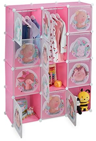 Relaxdays Steckregal Kinder, 2 Kleiderstangen, Türen mit Tierkindern, HBT: 145x110x37 cm, DIY Kinderkleiderschrank, rosa