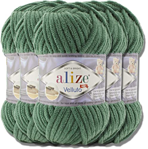 Hobby YARN Alize Velluto 5x 100g Türkische Strickwolle super Bulky Wolle zum Häkeln Uni Farbe Babywolle Flauschgarn Filzwolle Kuschelwolle (Pine Green | 532)