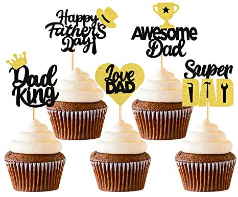 Cyodoos 30Pcs Happy Father's Day Cupcake Toppers Dad King Love Dad Cupcake Picks Awesome Dad Cake Decoration for Happy Fathers Day Party Supplies - Black Glitter