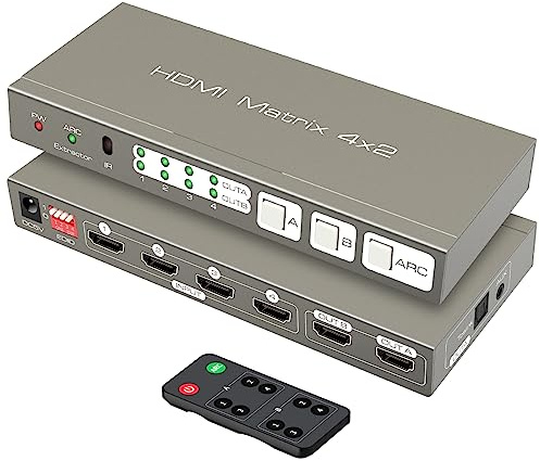 HDMI Matrix Switcher 4 in 2 Out 4K60Hz Splitter with Optical and 3.5 mm AUX Audio Output Support EDID HDCP2.2 18G HDR10 ARC