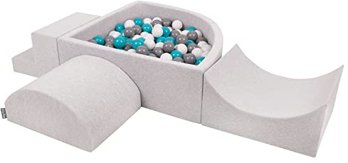KiddyMoon Skumlekplats för barn med kvartal bollhav (200 bollar) Hinderbana, ljusgrå: grå/vit/turkos