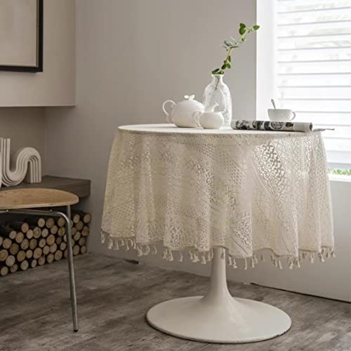 Mausouca Beige runde Spitzentischdecke, Vintage QuasteTischdecke für Küche Abendessen Hochzeit Party Bankett Dekoration, 150 cm