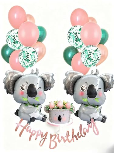 Regendeko Koala Happy Birthday Geburtstag Deko Set Mädchen | Niedliche Dschungel & Waldtier Dekoration in Rosa & Grün - Kindergeburtstag 1. Geburtstag Baby Shower