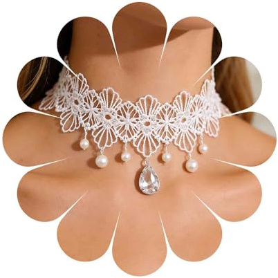 Aneneiceera Boho Blume Spitze Choker Halskette Weiß Teardrop Kristall Anhänger Perlenkette Choker Gothic Tropfen Kragen Halskette Retro Vintage Halskette Kette Schmuck Geschenke Für Frauen(weiß C)