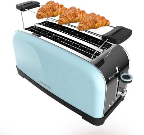 Cecotec Grille-pain Vertical 2 Fentes Longues Toastin' Time 1500 Bleu. 1500 W, 4 Tranches de Pain, Fente Large de 3,8 cm, Support pour Petits Pains et Bac à Miettes, Acier Inoxydable et Bleu