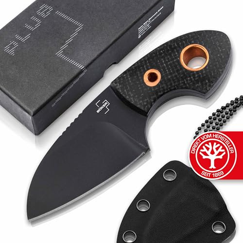 BÖKER PLUS® Gnome All Black Copper - feststehendes Mini Messer mit D2 Klinge - schwarzes Neck Knife mit Kydex-Scheide & Kette - Micarta Hals-Messer zum Umhängen