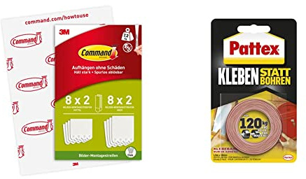 Command Bilder-Montagestreifen, Bildaufhänger, Vorteilspack mit 8x2 Größe L und 8x2 Mittel, Weiß - Befestigung ohne Bohren & Pattex Kleben statt Bohren Klebeband, 19mm x 1,5m