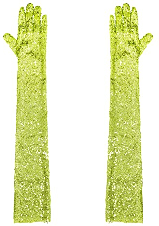 Agoky Damen Pailletten Handschuhe Abendhandschuhe Ellenbogen Lang Party Hochzeit Braut Armstulpen Fäustlinge Gloves Gelb Grün Einheitsgröße