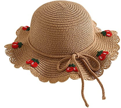 Volicph Flickor barnhalmhatt flicka sommar solhatt mjuk halmhatt strand solskydd hatt flicka resa solhatt baby sommar stråhatt, körsbärskaffe, 10-18 Jahre
