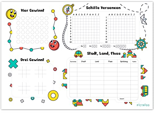 PICTALOO Spielblock mit Vier Spielen für Kinder und Erwachsene, Vier gewinnt, DREI gewinnt, Schiffe Versenken, Stadt Land Fluss, Reisespiel für Auto, Zug und Flieger, Familienspiel (4X)