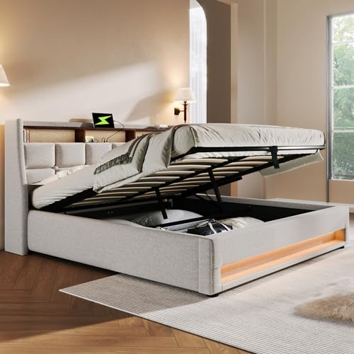KUAKE Polsterbett 140x200 cm, Doppelbett mit Stauraum und Lattenrost, LED Kopfteil mit USB Ladefunktion, Stauraumbett Funktionsbetten Rückenlehne Bettgestell, Leinen (Beige, 140x200cm)