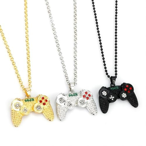 ZENRUIMING 3 delar av New Game Controller hänge, hiphop legering spelkonsol halsband, som en present till pojkar och flickor (guld, silver, svart), 3.4x2.5cm/1.3x1inches, Zink, Strass