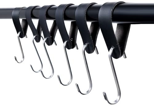 Sumotia 6er Set S Haken Mit Lederschlaufe - Schwarz - Garderobenhaken Campinghaken, Mehrzweckhaken für Geschirr Laterne Garderobe Kleiderstange Küche
