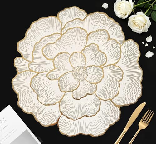 FAVE 6PCS Floral Round Placemats Golden Placemats Vinyl Placemats Set of 6 for Dining Table Reusable Metallic Shiny Gold Placemats for Wedding, Banquet, Birthday, Party, Restaurant （15 x15,Gold）