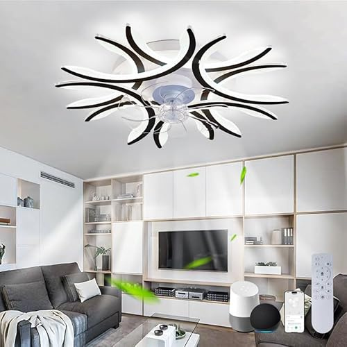 LED Lustre avec ventilateur Alexa Chambre Télécommande Silencieuse Plafonnier avec Ventilateur Dimmable Réversible 6 Vitesses Lumière avec Ventilateur de Plafond Smart DC Modern, Noir|B