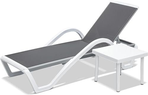 Terrassen-Loungesessel, verstellbar, tragbar, mit Armlehnen, geeignet für den Außenbereich, Garten, Pool, Strand (Grauer Loungesessel mit Tisch)