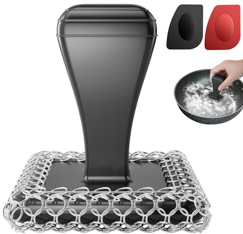TOPULORS Cast Iron Scrubber & Cleaner Scraper Kit - Upgraded Handle 316L Stainless Steel Chainmail Scrubber for Cast Iron Pans, Dish Scrub Brush Scouring Pad for Cookware Corners Deep Cleaning - Black