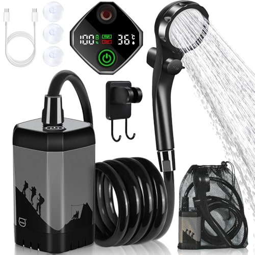 MIAOKE Upgrade Portable Camping Shower, 7800mAh Outdoor Electric Shower Rechargeable Pump with Intelligent Digital Display Temperature Display Shower Head for Camping, Hiking, Traveling/Grey
