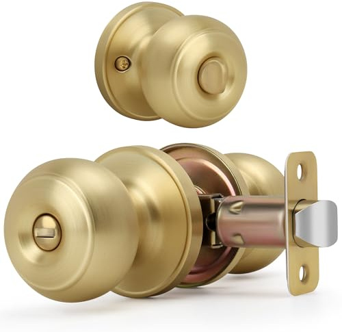 LOQRON Flat Ball Door Knob with Lock, Keyless Privacy Round Design Doorknob for Bathrooms/Bedrooms, Satin Brass Finish