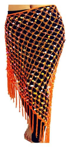 Bauchtanz Hüfttuch,Bauchtanz,Bauchtanz Gürtel 12 Farben Bauchtanz Praxis Kleidung Zubehör Stretchy Lange Quaste Dreieck Gürtel Hand Häkeln Bauchtanz Hüfte Schal Pailletten(Orange)