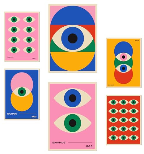 Nacnic-Set mit 6 Postern Geometrische Bauhaus-Lebendige Farben und Augen Designillustrationen zur Dekoration der Wände Ihres Zuhauses. Räume A3 & A4 Rahmenlos