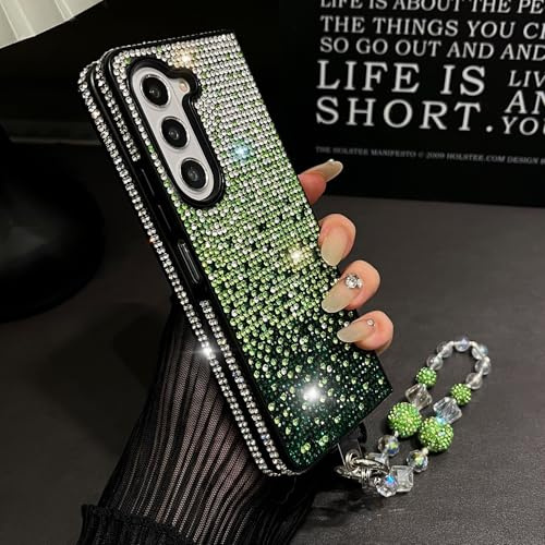 Szakdws Glitzer Handyhülle für Samsung Galaxy Z Fold 6 5G mit Bling Pearl Kette,Funkelnd Diamant Rhinestone Frauen Mädchen Fall mit Armband Handschlaufe Hülle für Galaxy Z Fold 6(Grün)