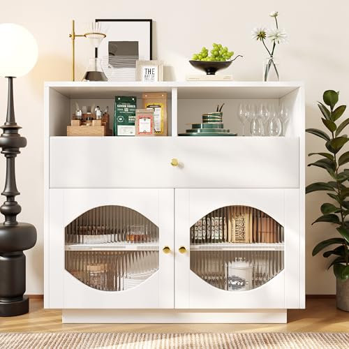 DRIXNO Küchenschrank, Sideboard mit Glastüren, Aufbewahrungsschrank, Buffetschrank für Küche, Esszimmer und Wohnzimmer, Modernes Weiß Sideboard
