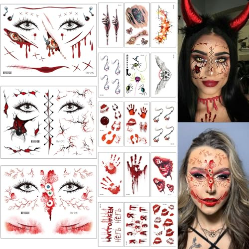 AEYAKA Halloween Temporäre Tattoos Wunden Temporäre Scars Klebetattoos Zombie Blut Kratzer für Halloween Cosplay 18 Blatt