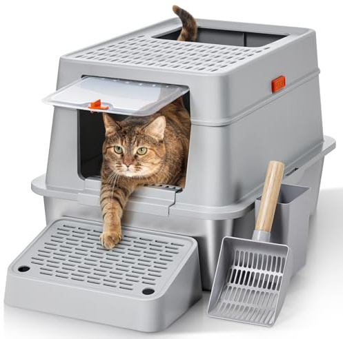 The Fellie Edelstahl Katzenklo mit Deckel, XXL Katzenklo Edelstahl mit Schaufel & Pedals, Geruchsresistent, Groß Katzentoilette für Katzen, Leicht zu Reinigen, Nicht klebrig Metal Katzentoilette, Grau