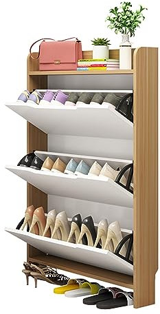 Moderno armario de almacenamiento de zapatos delgado para entrada con puertas cerradas, zapatero para espacios pequeños, zapatero estrecho en color nogal claro