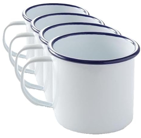 HENDI Tasse Mug en acier émaillé blanc, avec bord bleu, pour le petit déjeuner, tasse à thé, tasse à café, pour boissons chaudes et froides, pour le camping, crème glacée, 0,36L, ø90x(H) 80mm