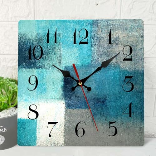 ArtSocket Wooden Wall Clock Silent Non-Ticking, Green Blue Grey Teal Abstract Painting Gray Square Rustic Coastal Wall Clocks Decor for Home Kitchen Living Room Office, Battery Operated(10 Inch)