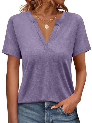 Onsoyours Camiseta para mujer, cuello de pico, manga corta, camiseta de verano, holgada, básica, A Lila, XL