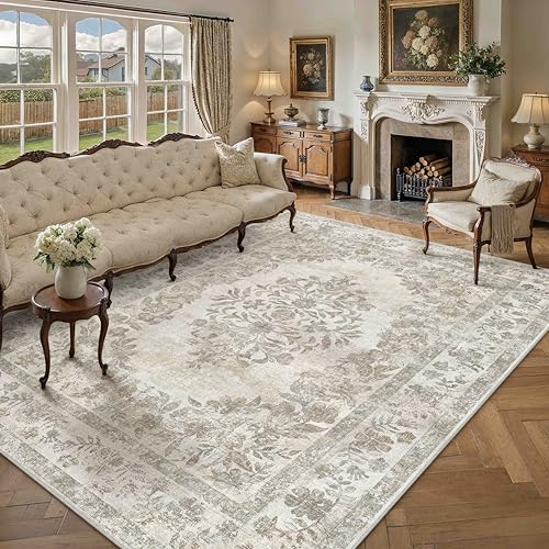 PureCozy Beige Teppich Wohnzimmer 240x300 cm, Vintage Waschbarer Teppiche rutschfest für Schlafzimmer Balkon LäUfer KüChe Esszimmer BüRo Flach, Indoor Modern Weicher Kurzflor Carpet