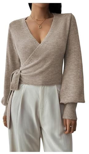 SHENHE Women's Casual V Neck Wrap Sweater Pullover Long Sleeve Slim Fit Knit Crop Top Sweater Khaki Medium