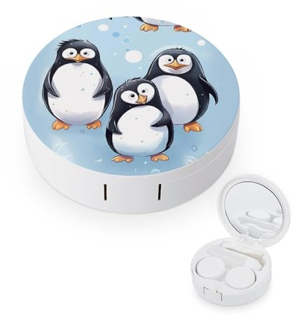 BVKWNTSA Der tragbare, runde Kontaktlinsenbehälter mit niedlichem Pinguin-Aufdruck ist stilvoll und kompakt, leicht zu tragen und schützt die Linsen.
