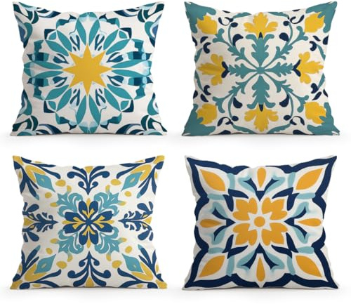 LANBEIDE Blue Yellow Cushion Cover, Set of 4 45x45cm Summer Outdoor Pillow Cover Boho Flowers Throw Pillow Case Decor Home Livingroom Garden Sofa Couch 18x18